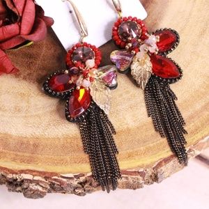Red Floral Jeweled Earrings with Tassels